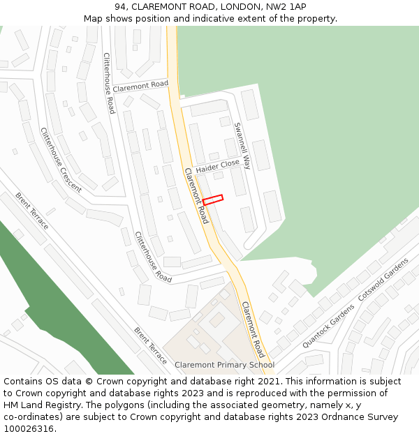 94, CLAREMONT ROAD, LONDON, NW2 1AP: Location map and indicative extent of plot