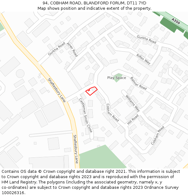 94, COBHAM ROAD, BLANDFORD FORUM, DT11 7YD: Location map and indicative extent of plot