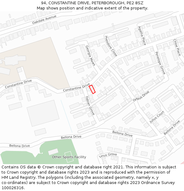 94, CONSTANTINE DRIVE, PETERBOROUGH, PE2 8SZ: Location map and indicative extent of plot