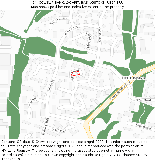 94, COWSLIP BANK, LYCHPIT, BASINGSTOKE, RG24 8RR: Location map and indicative extent of plot