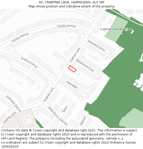 94, CRABTREE LANE, HARPENDEN, AL5 5RF: Location map and indicative extent of plot