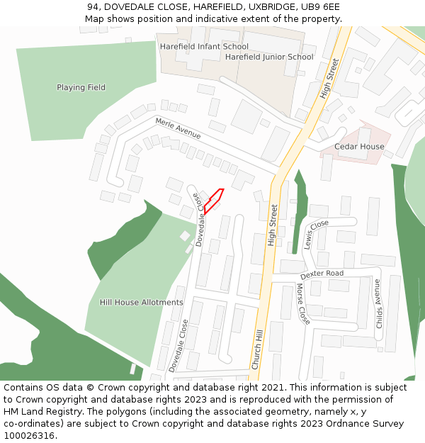 94, DOVEDALE CLOSE, HAREFIELD, UXBRIDGE, UB9 6EE: Location map and indicative extent of plot