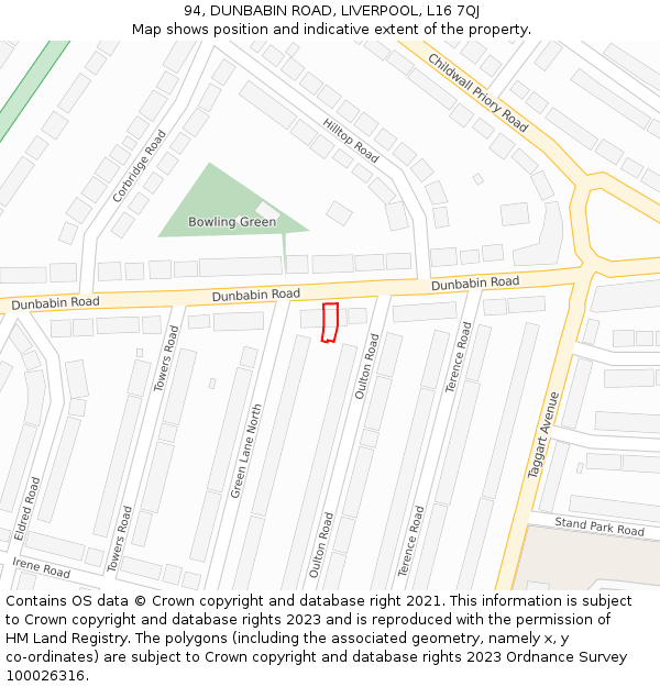 94, DUNBABIN ROAD, LIVERPOOL, L16 7QJ: Location map and indicative extent of plot