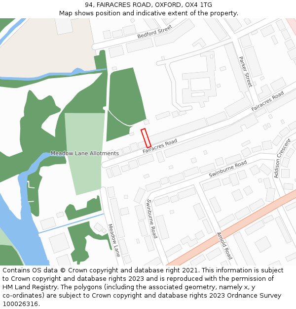 94, FAIRACRES ROAD, OXFORD, OX4 1TG: Location map and indicative extent of plot