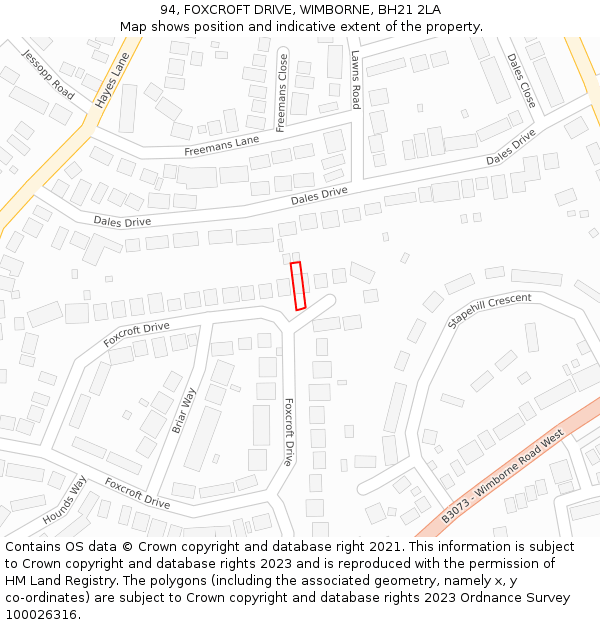 94, FOXCROFT DRIVE, WIMBORNE, BH21 2LA: Location map and indicative extent of plot