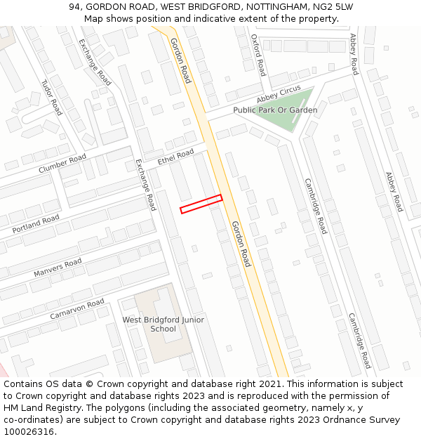 94, GORDON ROAD, WEST BRIDGFORD, NOTTINGHAM, NG2 5LW: Location map and indicative extent of plot