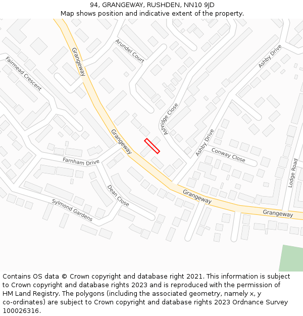 94, GRANGEWAY, RUSHDEN, NN10 9JD: Location map and indicative extent of plot