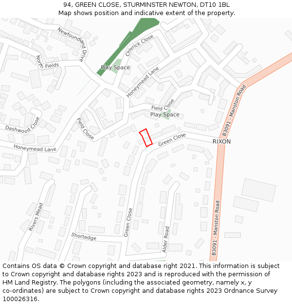 94, GREEN CLOSE, STURMINSTER NEWTON, DT10 1BL: Location map and indicative extent of plot