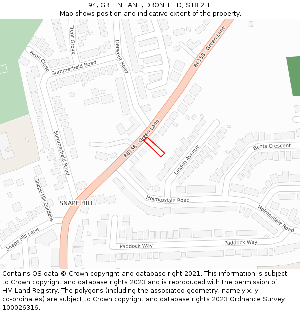 94, GREEN LANE, DRONFIELD, S18 2FH: Location map and indicative extent of plot