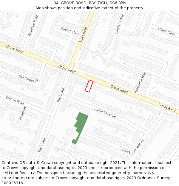 94, GROVE ROAD, RAYLEIGH, SS6 8RN: Location map and indicative extent of plot