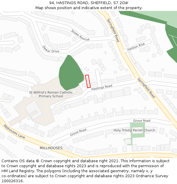 94, HASTINGS ROAD, SHEFFIELD, S7 2GW: Location map and indicative extent of plot