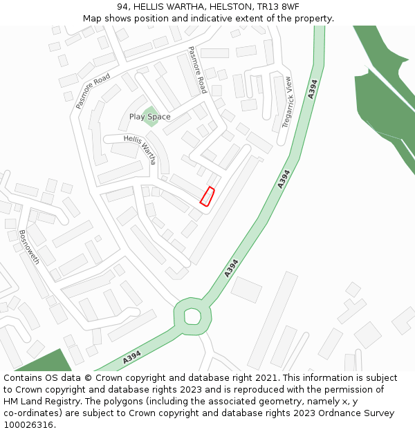 94, HELLIS WARTHA, HELSTON, TR13 8WF: Location map and indicative extent of plot