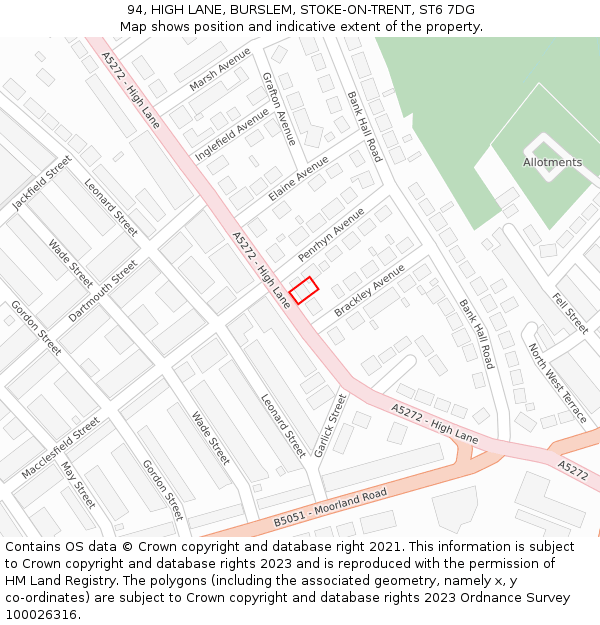 94, HIGH LANE, BURSLEM, STOKE-ON-TRENT, ST6 7DG: Location map and indicative extent of plot