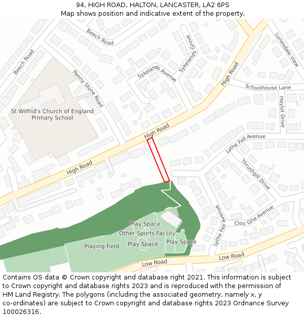 94, HIGH ROAD, HALTON, LANCASTER, LA2 6PS: Location map and indicative extent of plot