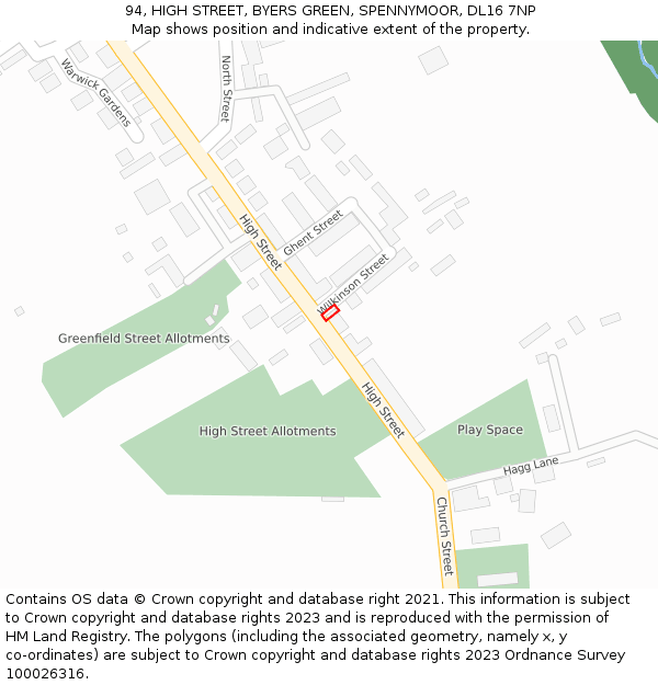 94, HIGH STREET, BYERS GREEN, SPENNYMOOR, DL16 7NP: Location map and indicative extent of plot