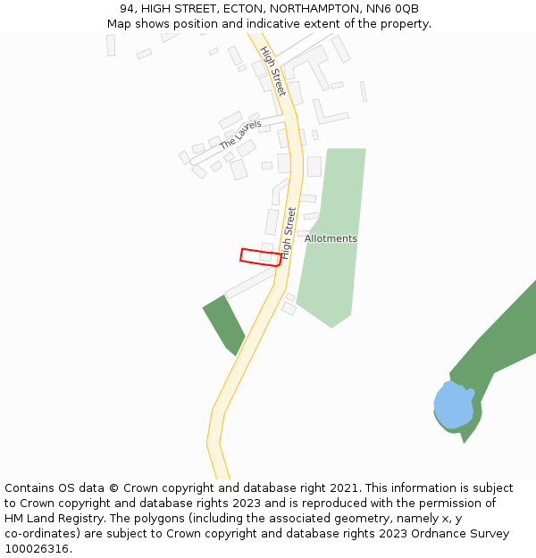 94, HIGH STREET, ECTON, NORTHAMPTON, NN6 0QB: Location map and indicative extent of plot