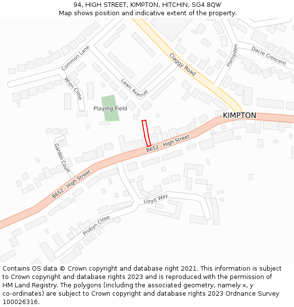 94, HIGH STREET, KIMPTON, HITCHIN, SG4 8QW: Location map and indicative extent of plot