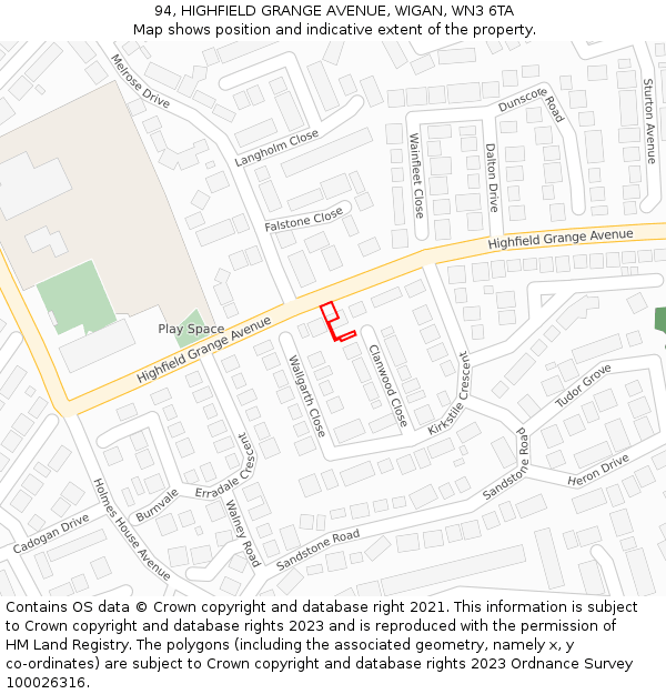 94, HIGHFIELD GRANGE AVENUE, WIGAN, WN3 6TA: Location map and indicative extent of plot