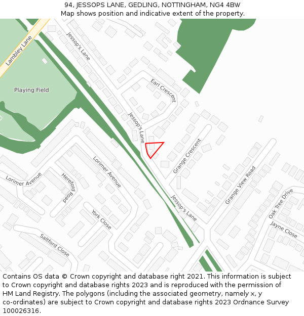 94, JESSOPS LANE, GEDLING, NOTTINGHAM, NG4 4BW: Location map and indicative extent of plot