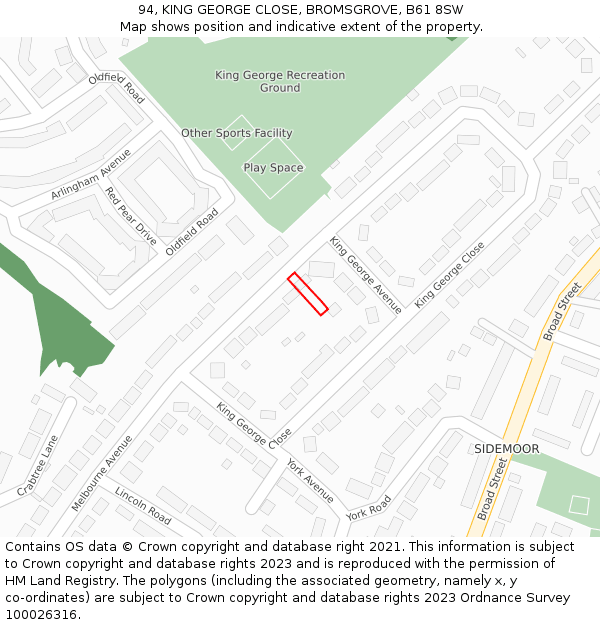 94, KING GEORGE CLOSE, BROMSGROVE, B61 8SW: Location map and indicative extent of plot