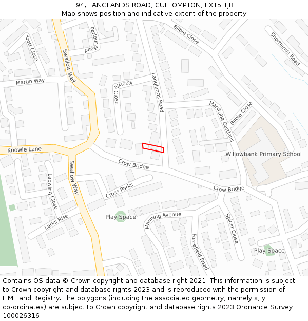 94, LANGLANDS ROAD, CULLOMPTON, EX15 1JB: Location map and indicative extent of plot