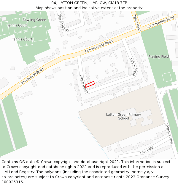 94, LATTON GREEN, HARLOW, CM18 7ER: Location map and indicative extent of plot