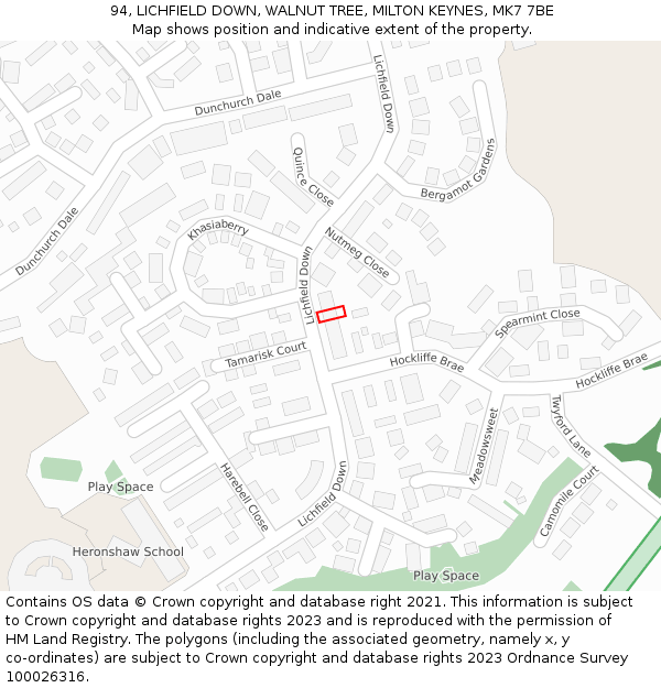 94, LICHFIELD DOWN, WALNUT TREE, MILTON KEYNES, MK7 7BE: Location map and indicative extent of plot