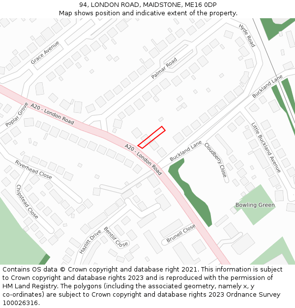 94, LONDON ROAD, MAIDSTONE, ME16 0DP: Location map and indicative extent of plot