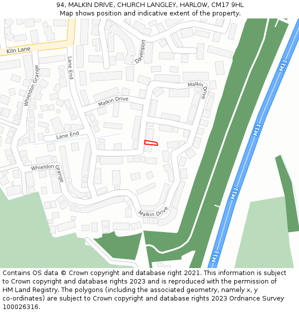 94, MALKIN DRIVE, CHURCH LANGLEY, HARLOW, CM17 9HL: Location map and indicative extent of plot