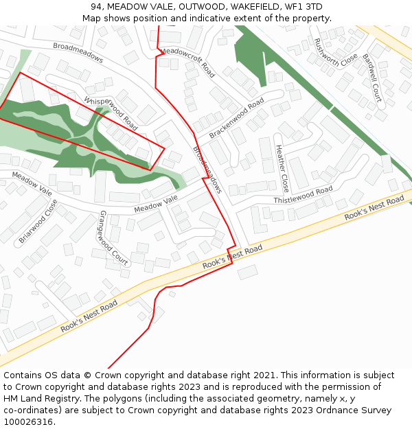 94, MEADOW VALE, OUTWOOD, WAKEFIELD, WF1 3TD: Location map and indicative extent of plot