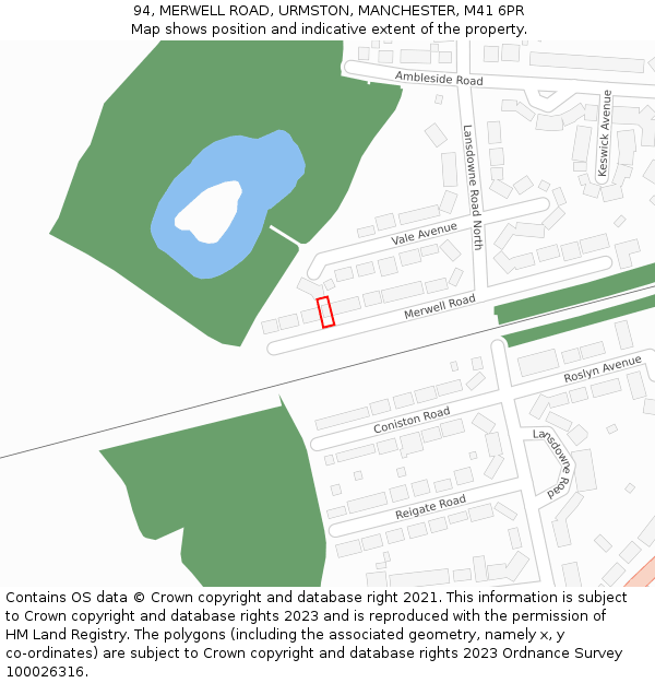 94, MERWELL ROAD, URMSTON, MANCHESTER, M41 6PR: Location map and indicative extent of plot