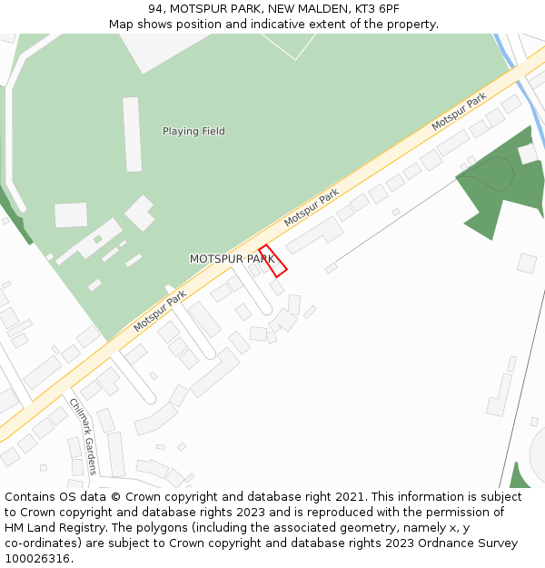 94, MOTSPUR PARK, NEW MALDEN, KT3 6PF: Location map and indicative extent of plot
