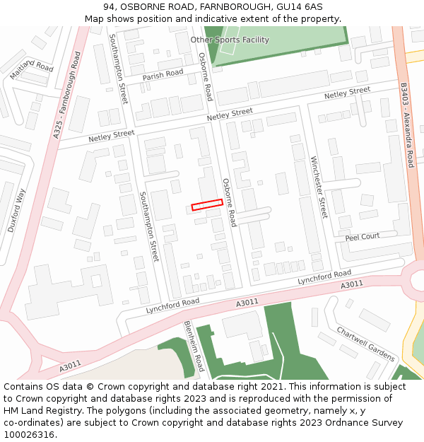 94, OSBORNE ROAD, FARNBOROUGH, GU14 6AS: Location map and indicative extent of plot