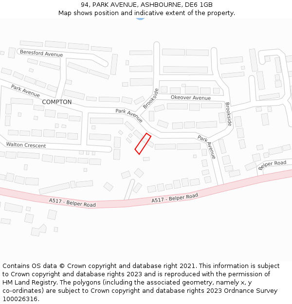 94, PARK AVENUE, ASHBOURNE, DE6 1GB: Location map and indicative extent of plot