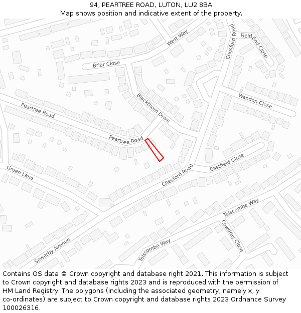 94, PEARTREE ROAD, LUTON, LU2 8BA: Location map and indicative extent of plot