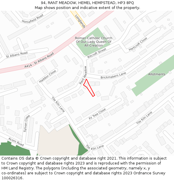 94, RANT MEADOW, HEMEL HEMPSTEAD, HP3 8PQ: Location map and indicative extent of plot