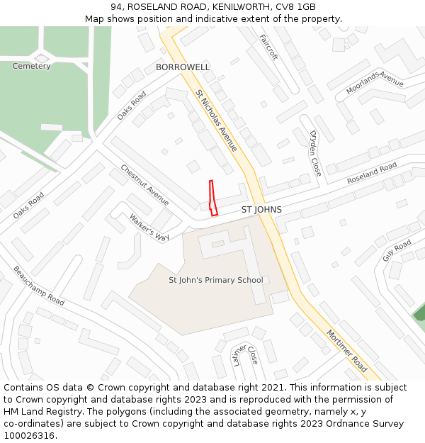 94, ROSELAND ROAD, KENILWORTH, CV8 1GB: Location map and indicative extent of plot