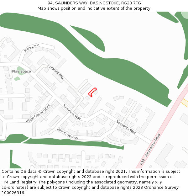 94, SAUNDERS WAY, BASINGSTOKE, RG23 7FG: Location map and indicative extent of plot