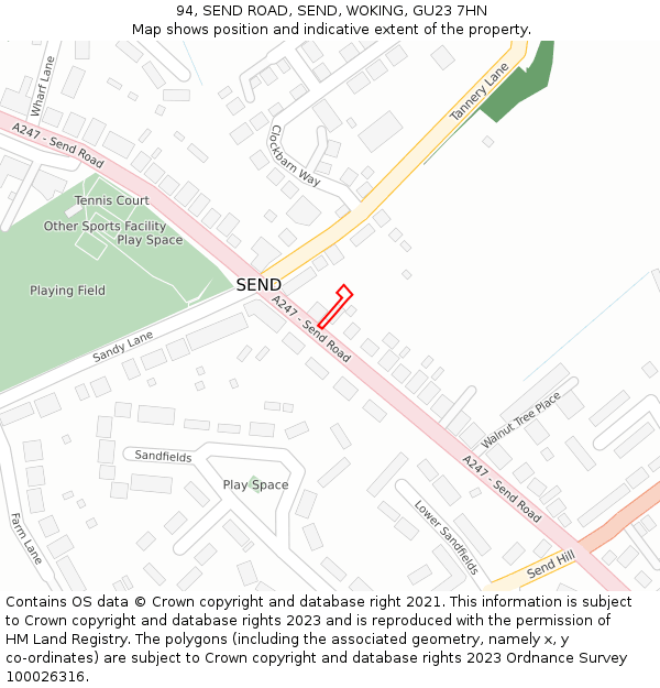 94, SEND ROAD, SEND, WOKING, GU23 7HN: Location map and indicative extent of plot