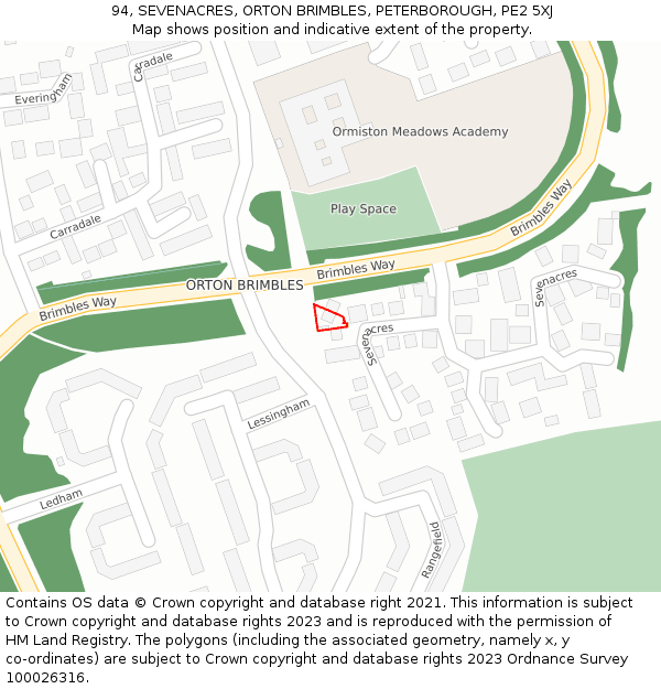 94, SEVENACRES, ORTON BRIMBLES, PETERBOROUGH, PE2 5XJ: Location map and indicative extent of plot