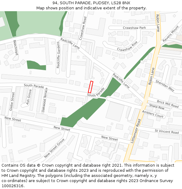 94, SOUTH PARADE, PUDSEY, LS28 8NX: Location map and indicative extent of plot