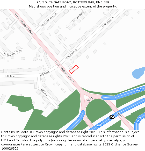 94, SOUTHGATE ROAD, POTTERS BAR, EN6 5EP: Location map and indicative extent of plot