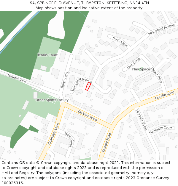 94, SPRINGFIELD AVENUE, THRAPSTON, KETTERING, NN14 4TN: Location map and indicative extent of plot