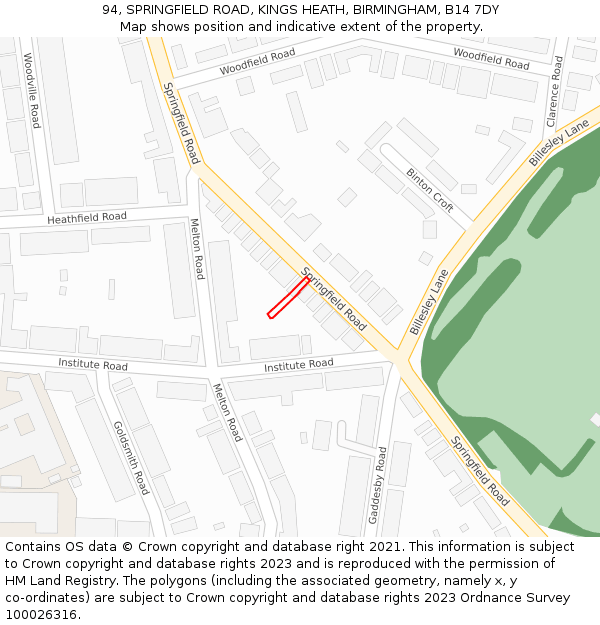 94, SPRINGFIELD ROAD, KINGS HEATH, BIRMINGHAM, B14 7DY: Location map and indicative extent of plot