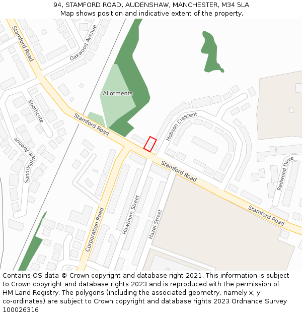 94, STAMFORD ROAD, AUDENSHAW, MANCHESTER, M34 5LA: Location map and indicative extent of plot