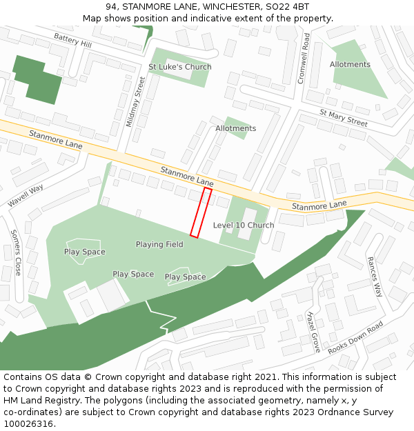 94, STANMORE LANE, WINCHESTER, SO22 4BT: Location map and indicative extent of plot