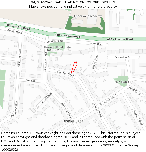 94, STANWAY ROAD, HEADINGTON, OXFORD, OX3 8HX: Location map and indicative extent of plot