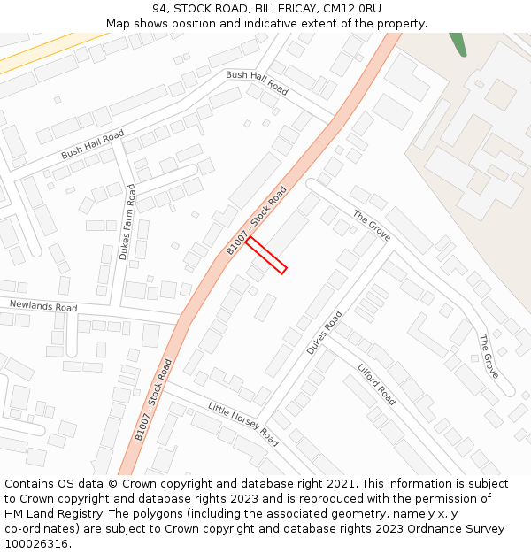 94, STOCK ROAD, BILLERICAY, CM12 0RU: Location map and indicative extent of plot