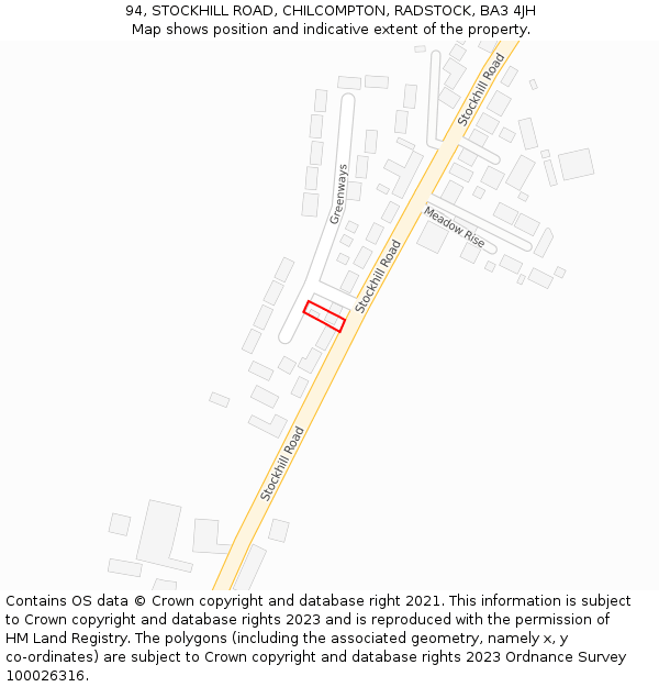 94, STOCKHILL ROAD, CHILCOMPTON, RADSTOCK, BA3 4JH: Location map and indicative extent of plot