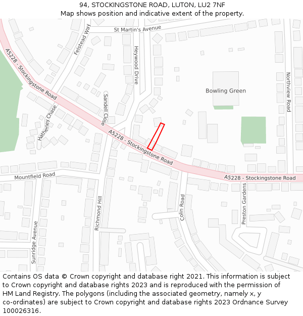 94, STOCKINGSTONE ROAD, LUTON, LU2 7NF: Location map and indicative extent of plot